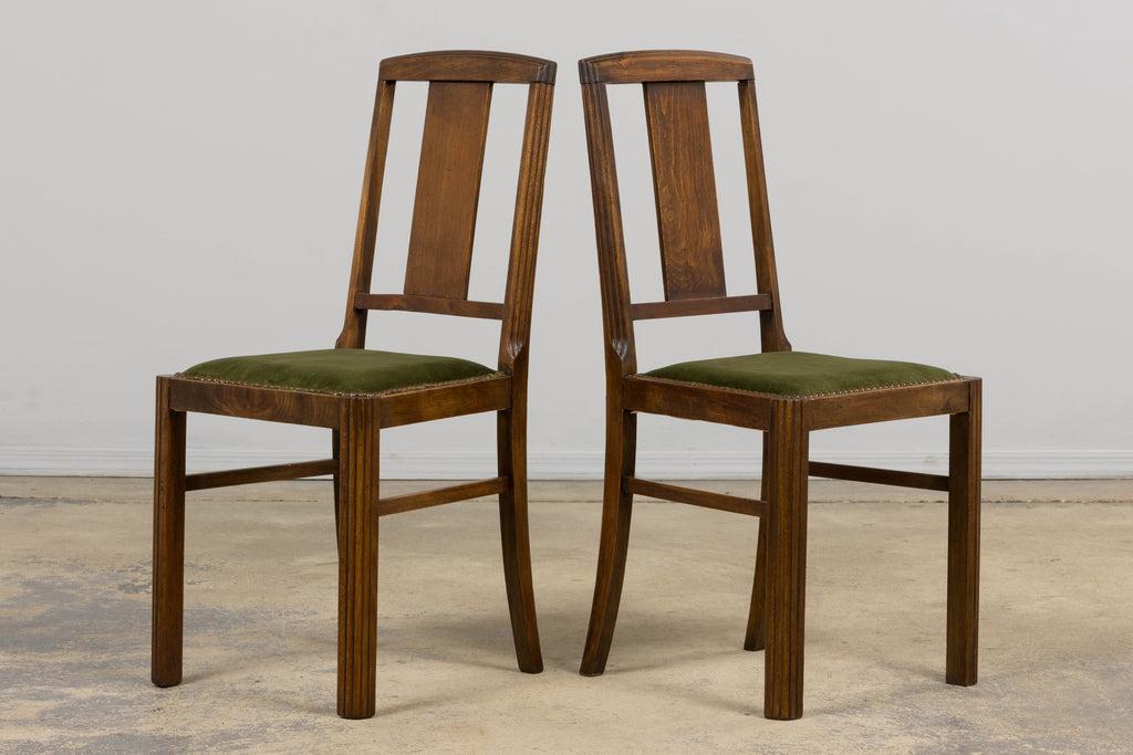 1930s French Art Deco Maple Dining Chairs W/ Olive Green Velvet - Set of 6