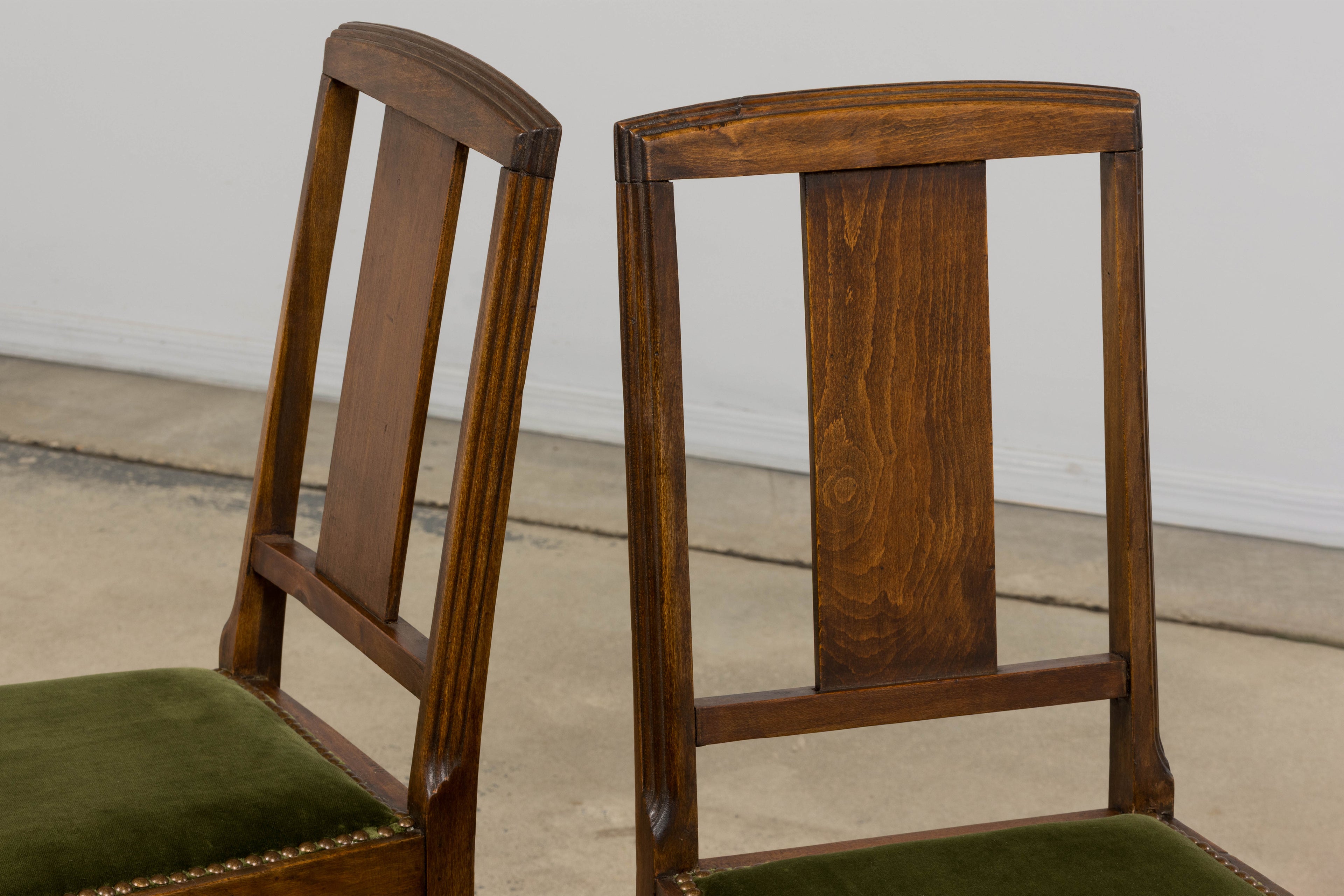 1930s French Art Deco Maple Dining Chairs W/ Olive Green Velvet - Set of 6