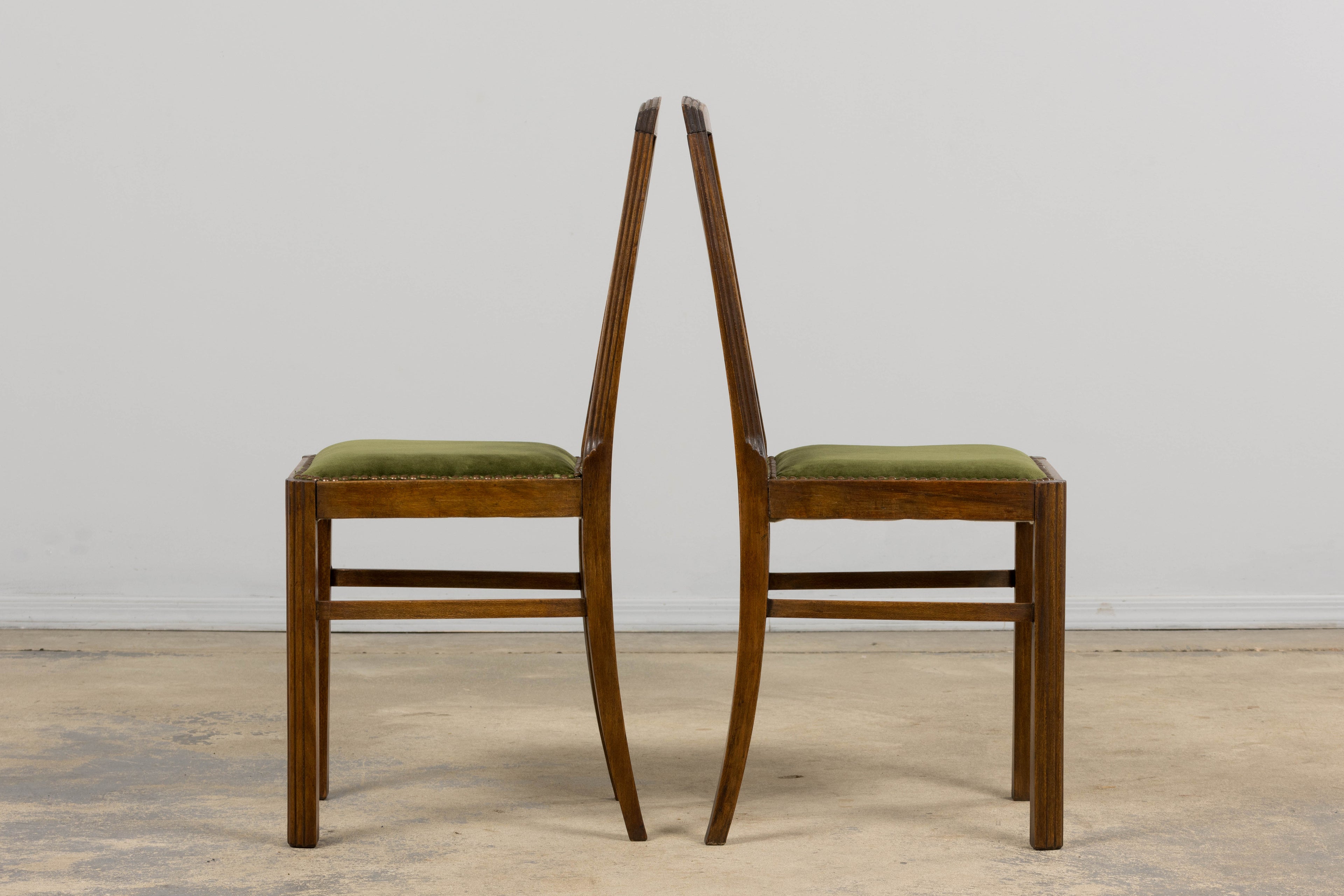 1930s French Art Deco Maple Dining Chairs W/ Olive Green Velvet - Set of 6