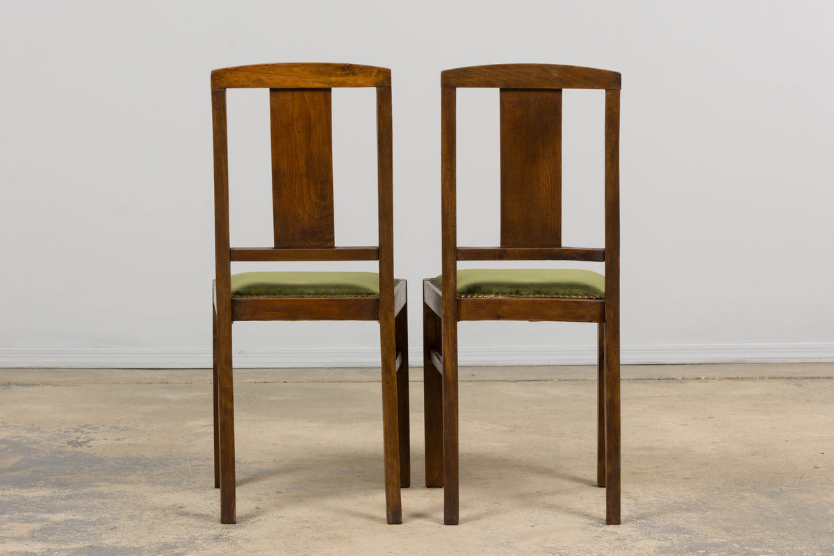 1930s French Art Deco Maple Dining Chairs W/ Olive Green Velvet - Set of 6