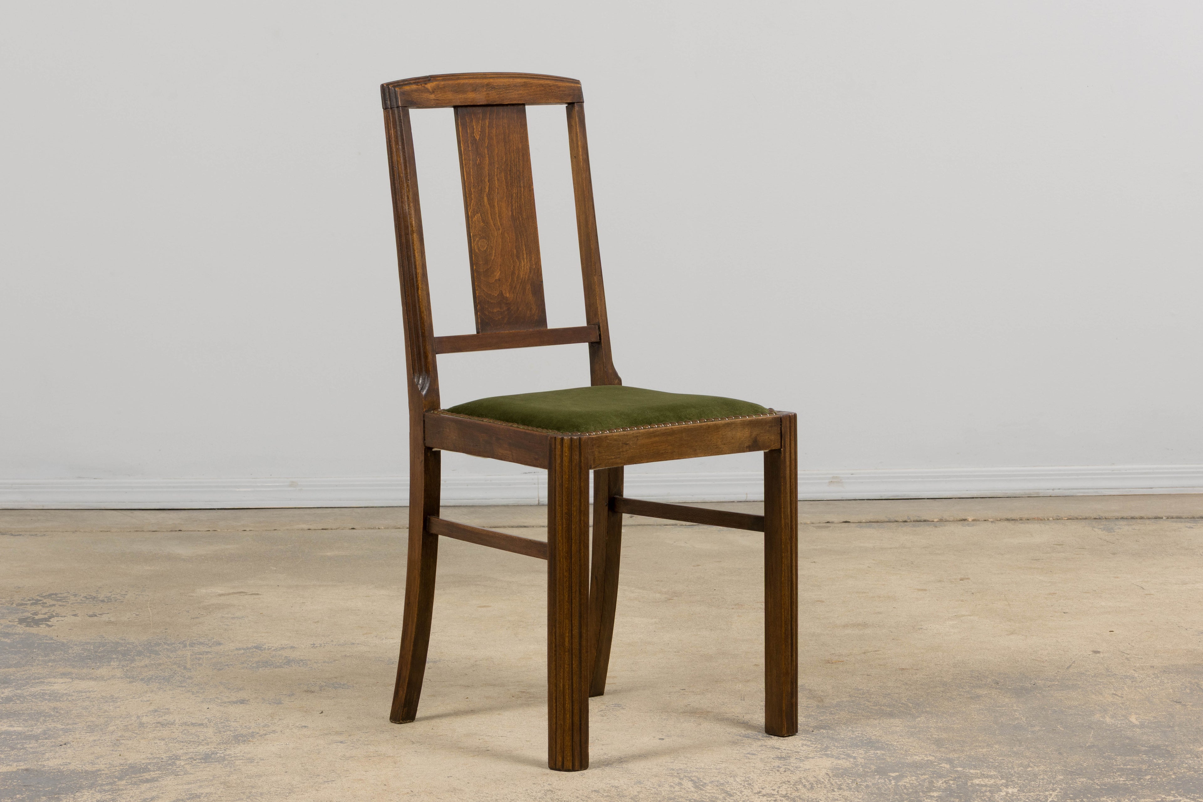 1930s French Art Deco Maple Dining Chairs W/ Olive Green Velvet - Set of 6