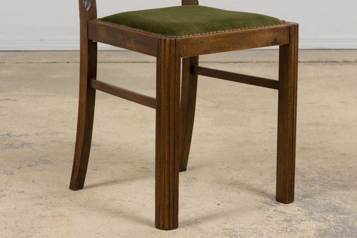 1930s French Art Deco Maple Dining Chairs W/ Olive Green Velvet - Set of 6