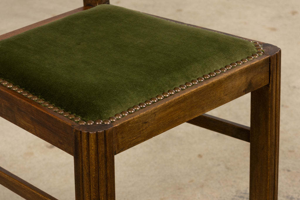 1930s French Art Deco Maple Dining Chairs W/ Olive Green Velvet - Set of 6