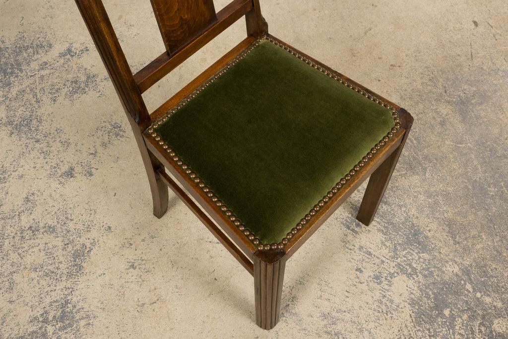 1930s French Art Deco Maple Dining Chairs W/ Olive Green Velvet - Set of 6