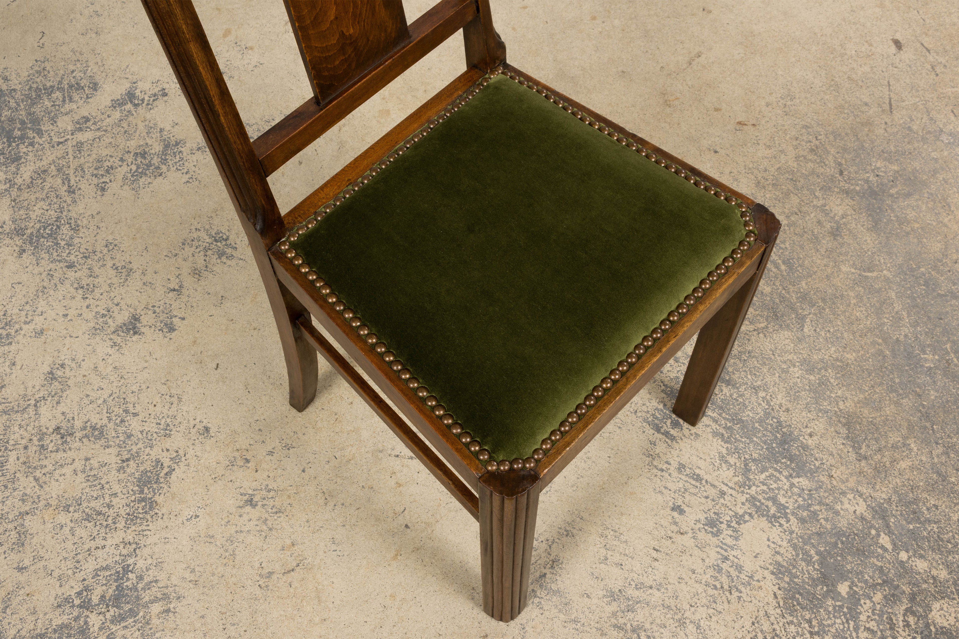 1930s French Art Deco Maple Dining Chairs W/ Olive Green Velvet - Set of 6