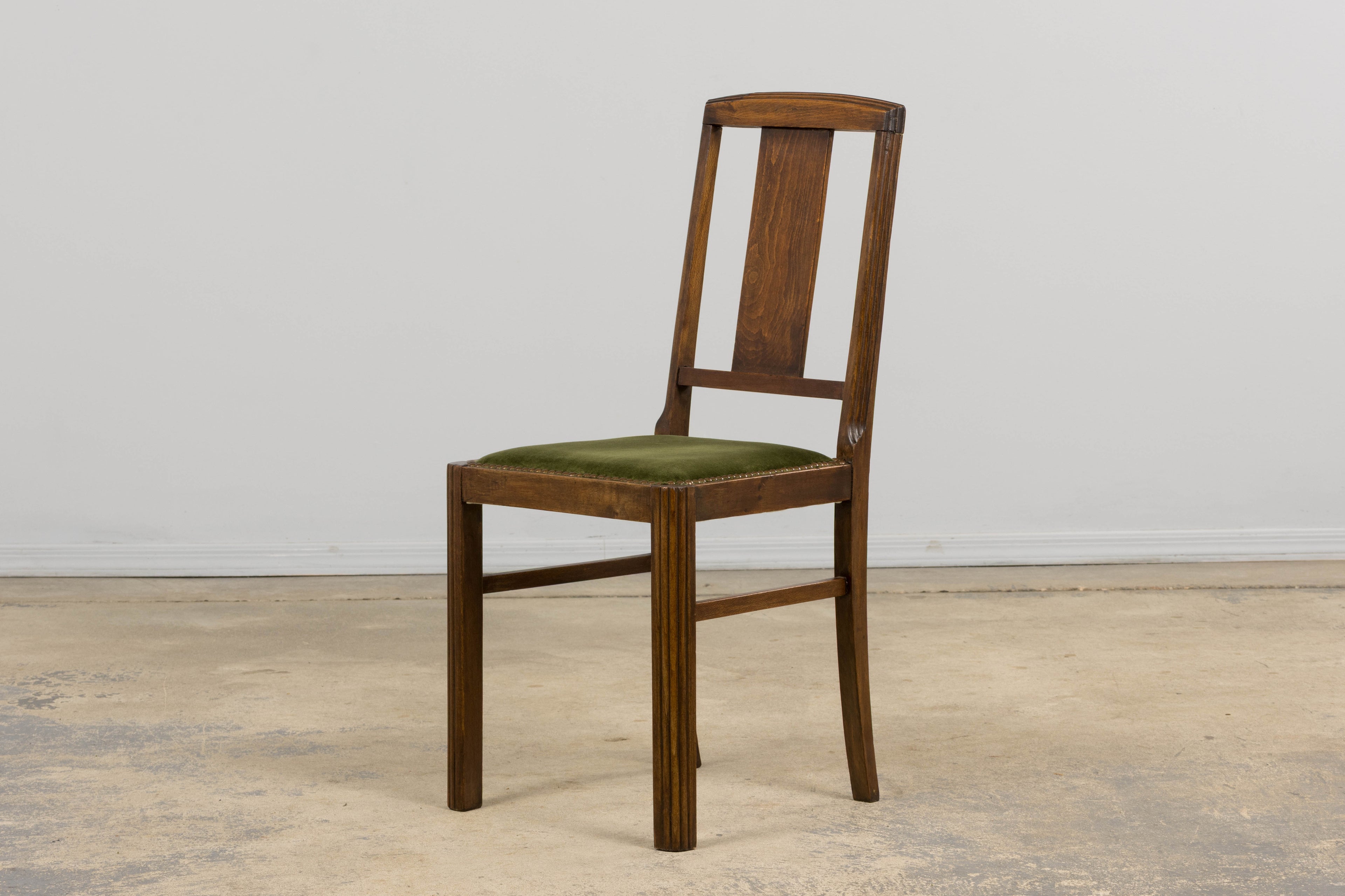 1930s French Art Deco Maple Dining Chairs W/ Olive Green Velvet - Set of 6