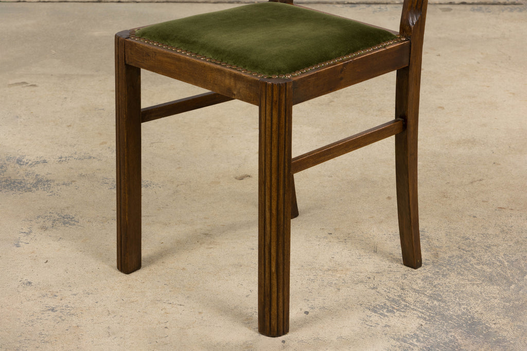 1930s French Art Deco Maple Dining Chairs W/ Olive Green Velvet - Set of 6