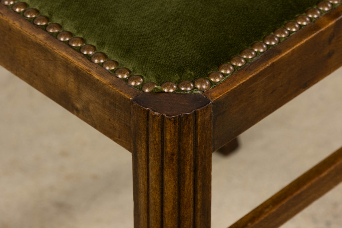 1930s French Art Deco Maple Dining Chairs W/ Olive Green Velvet - Set of 6