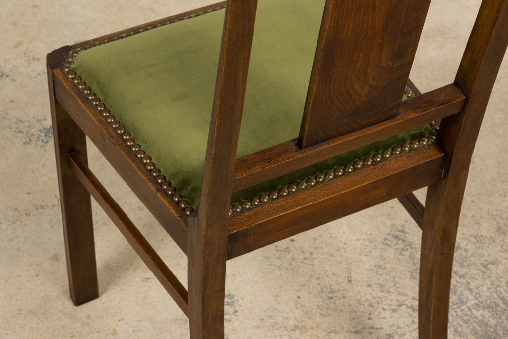 1930s French Art Deco Maple Dining Chairs W/ Olive Green Velvet - Set of 6