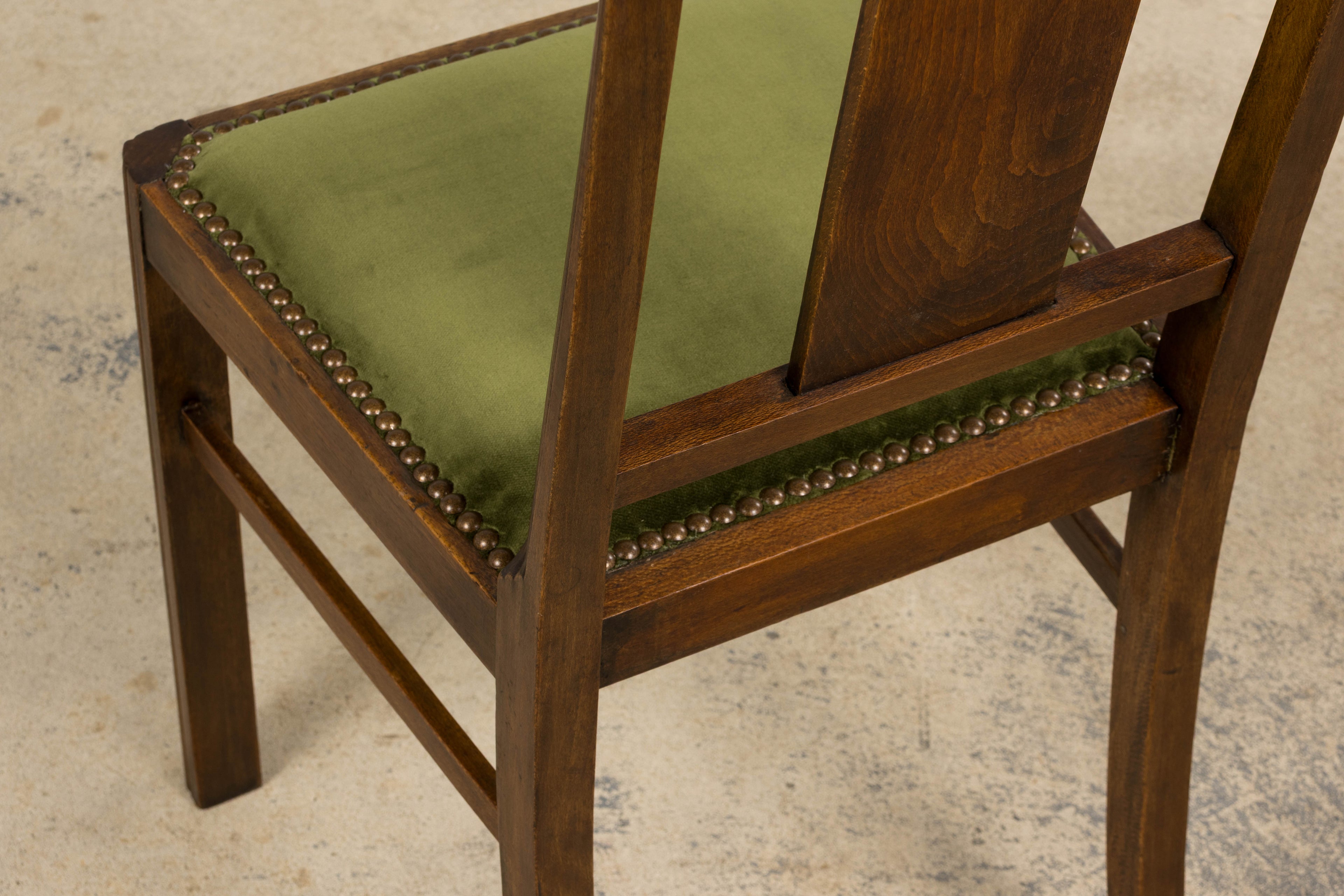 1930s French Art Deco Maple Dining Chairs W/ Olive Green Velvet - Set of 6