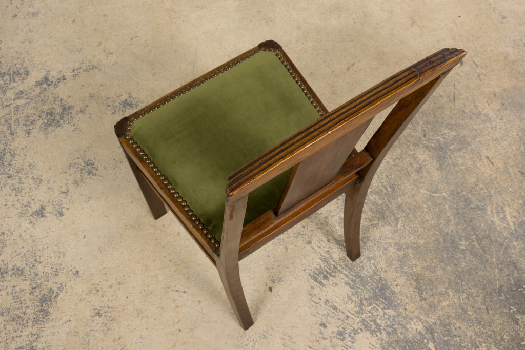 1930s French Art Deco Maple Dining Chairs W/ Olive Green Velvet - Set of 6