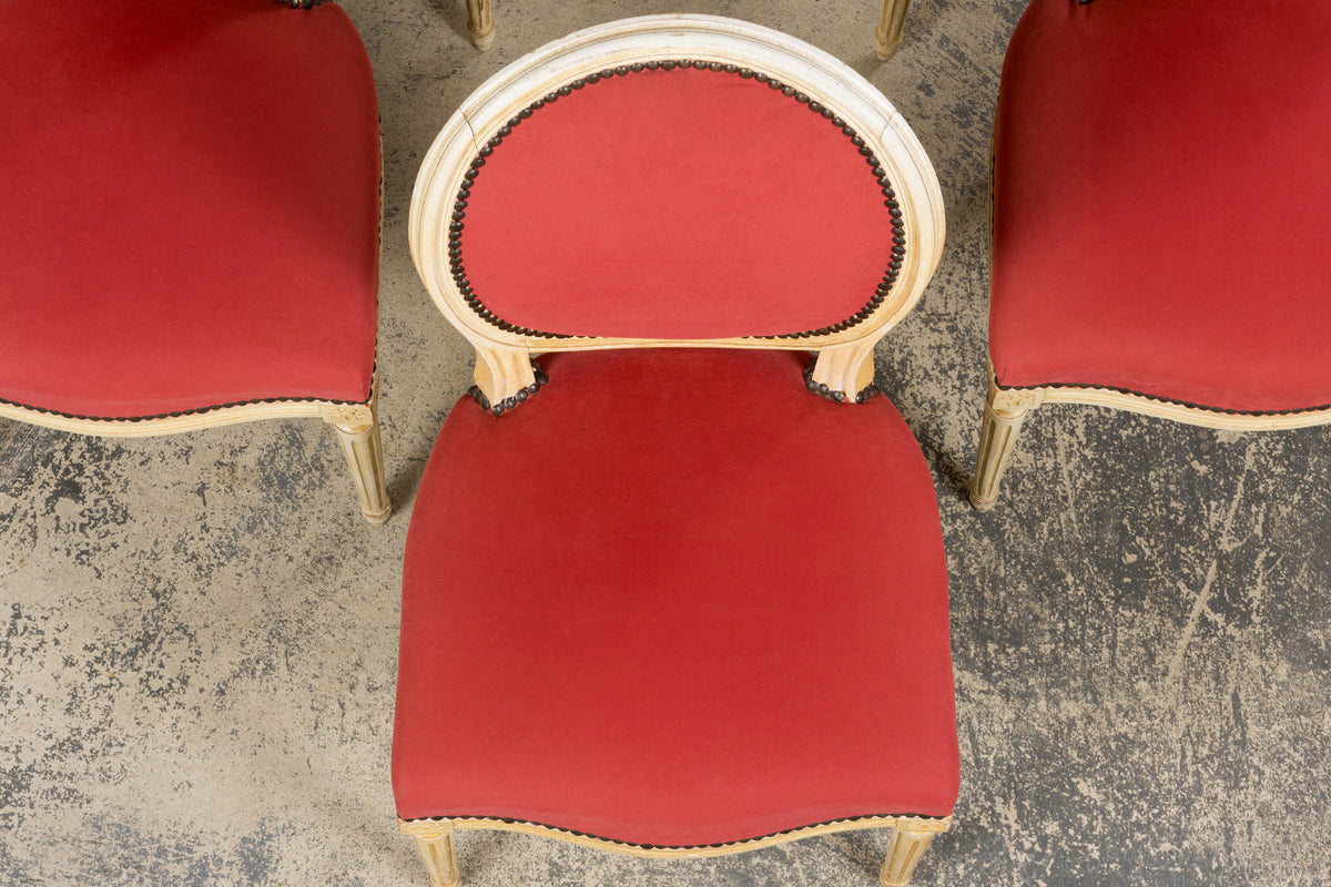 Antique French Louis XVI Style Painted Dining Chairs in Raspberry Velvet - Set of 8