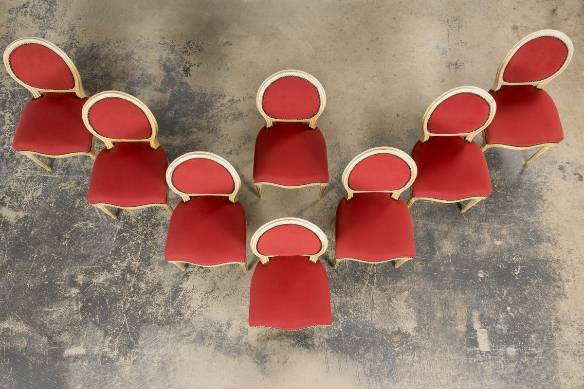 Antique French Louis XVI Style Painted Dining Chairs in Raspberry Velvet - Set of 8