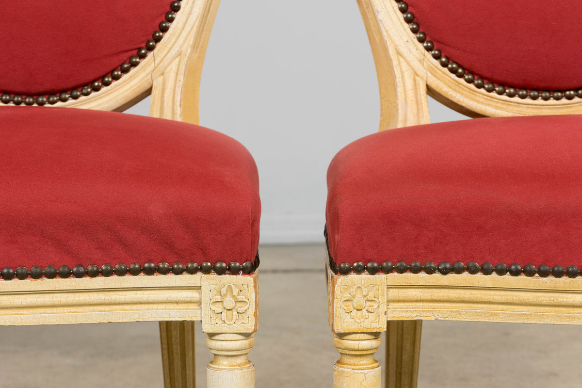 Antique French Louis XVI Style Painted Dining Chairs in Raspberry Velvet - Set of 8