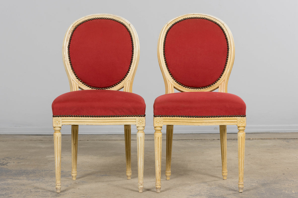 Antique French Louis XVI Style Painted Dining Chairs in Raspberry Velvet - Set of 8