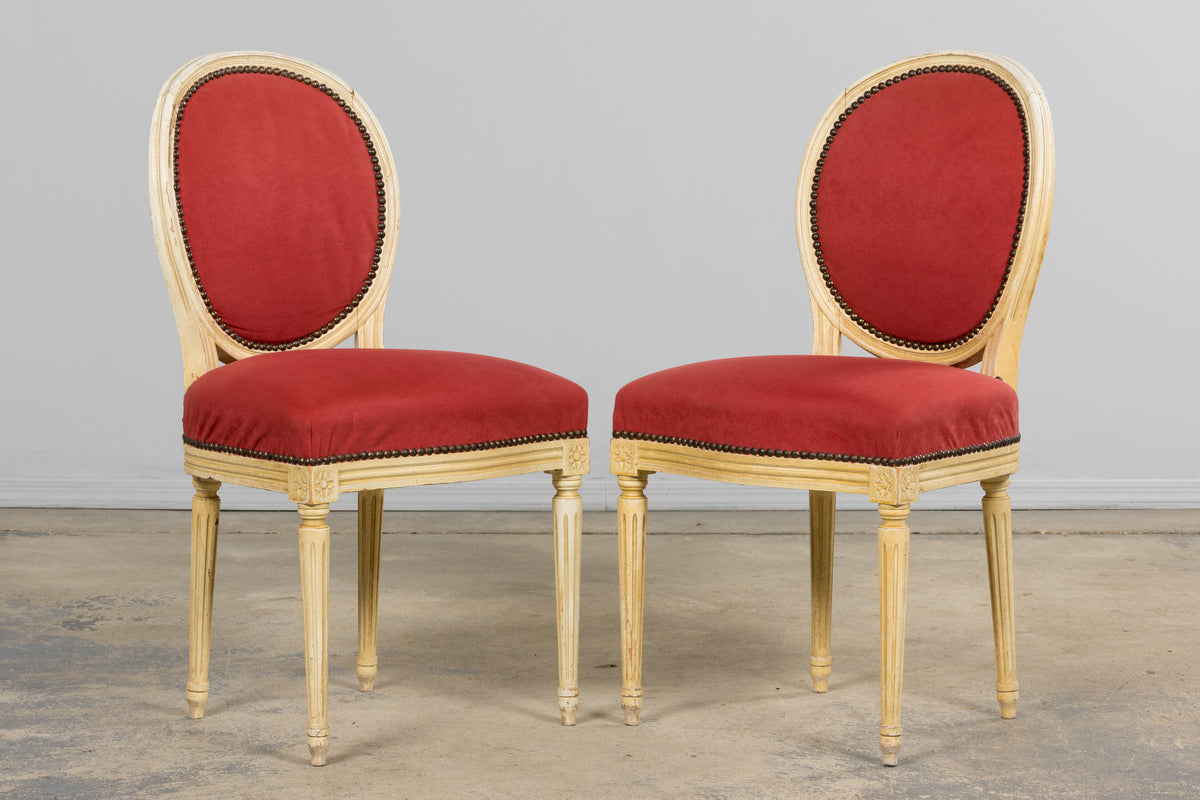 Antique French Louis XVI Style Painted Dining Chairs in Raspberry Velvet - Set of 8