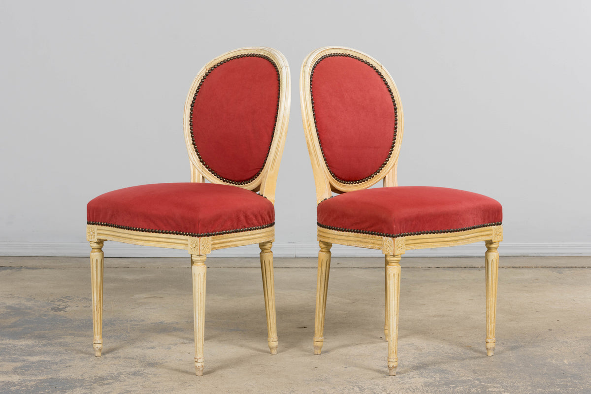 Antique French Louis XVI Style Painted Dining Chairs in Raspberry Velvet - Set of 8