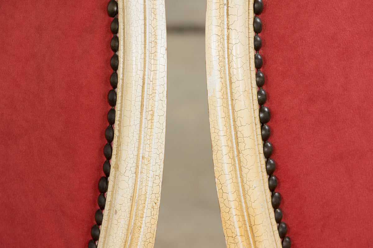 Antique French Louis XVI Style Painted Dining Chairs in Raspberry Velvet - Set of 8