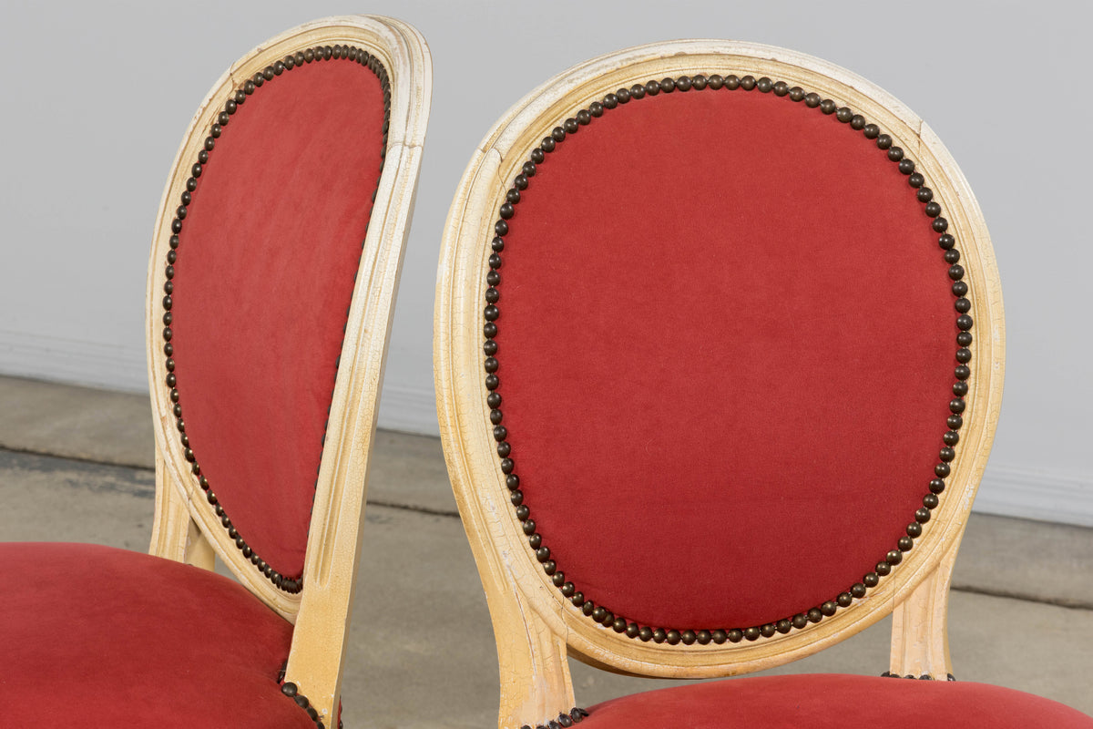 Antique French Louis XVI Style Painted Dining Chairs in Raspberry Velvet - Set of 8