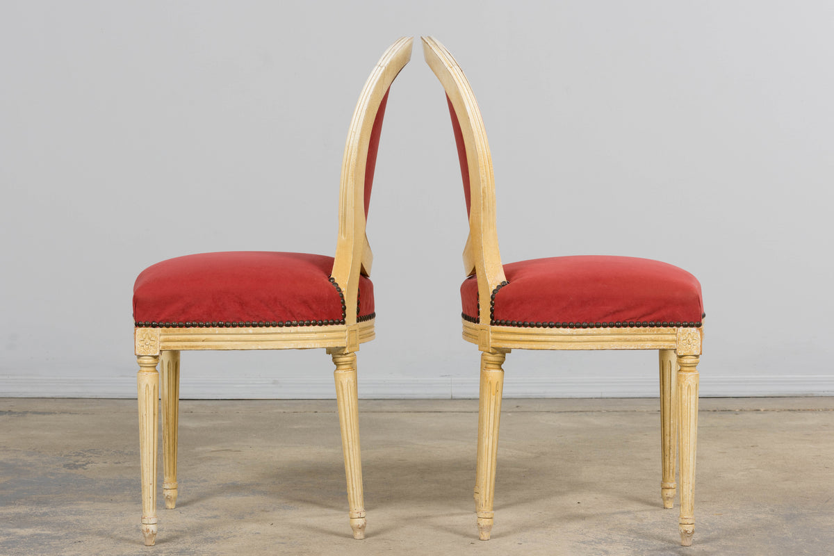 Antique French Louis XVI Style Painted Dining Chairs in Raspberry Velvet - Set of 8