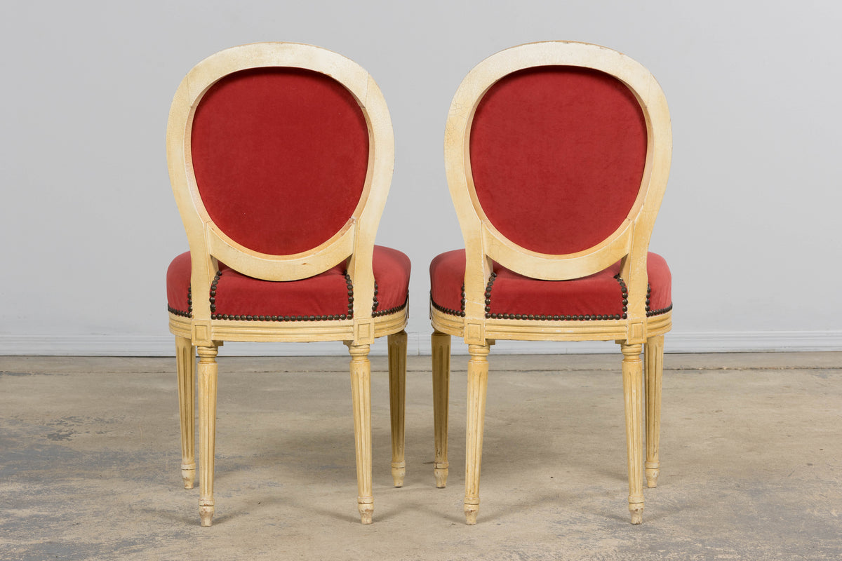 Antique French Louis XVI Style Painted Dining Chairs in Raspberry Velvet - Set of 8