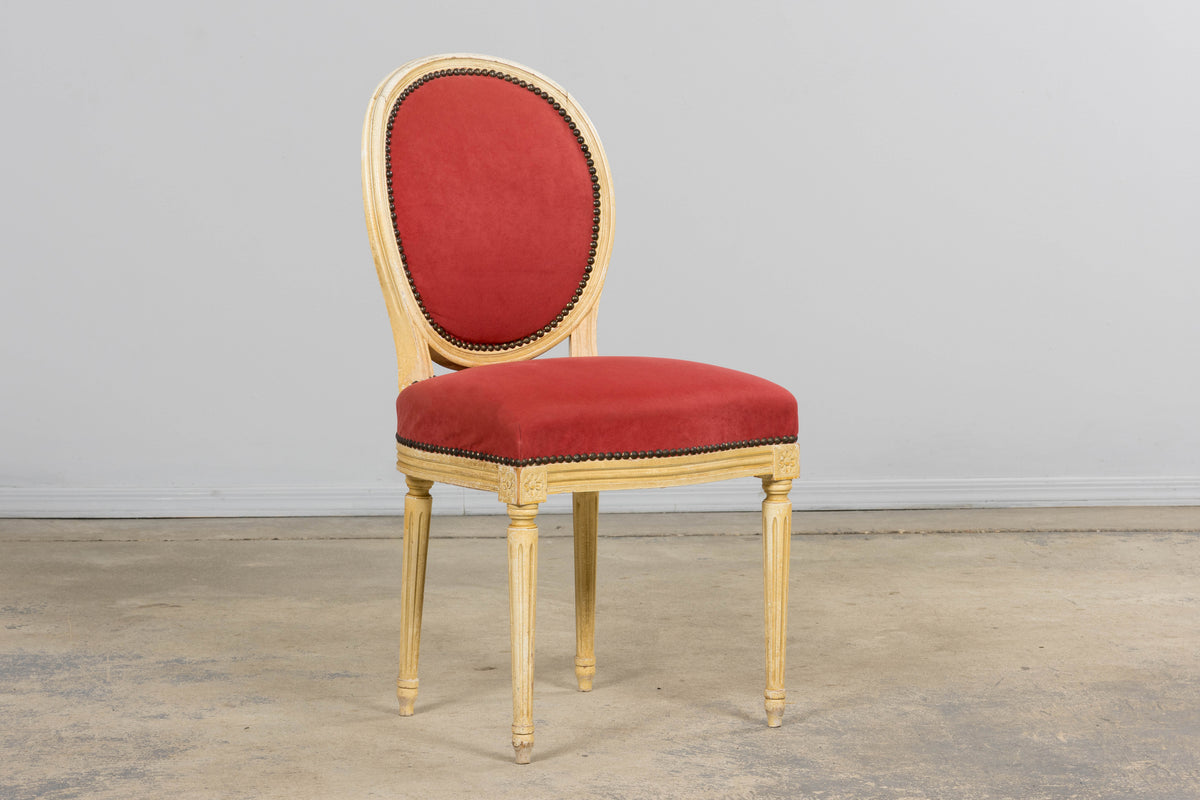 Antique French Louis XVI Style Painted Dining Chairs in Raspberry Velvet - Set of 8
