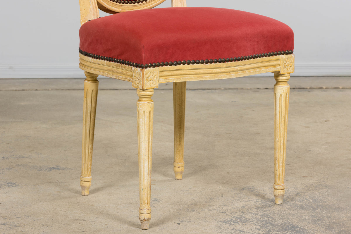 Antique French Louis XVI Style Painted Dining Chairs in Raspberry Velvet - Set of 8