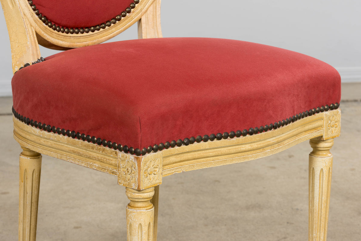 Antique French Louis XVI Style Painted Dining Chairs in Raspberry Velvet - Set of 8
