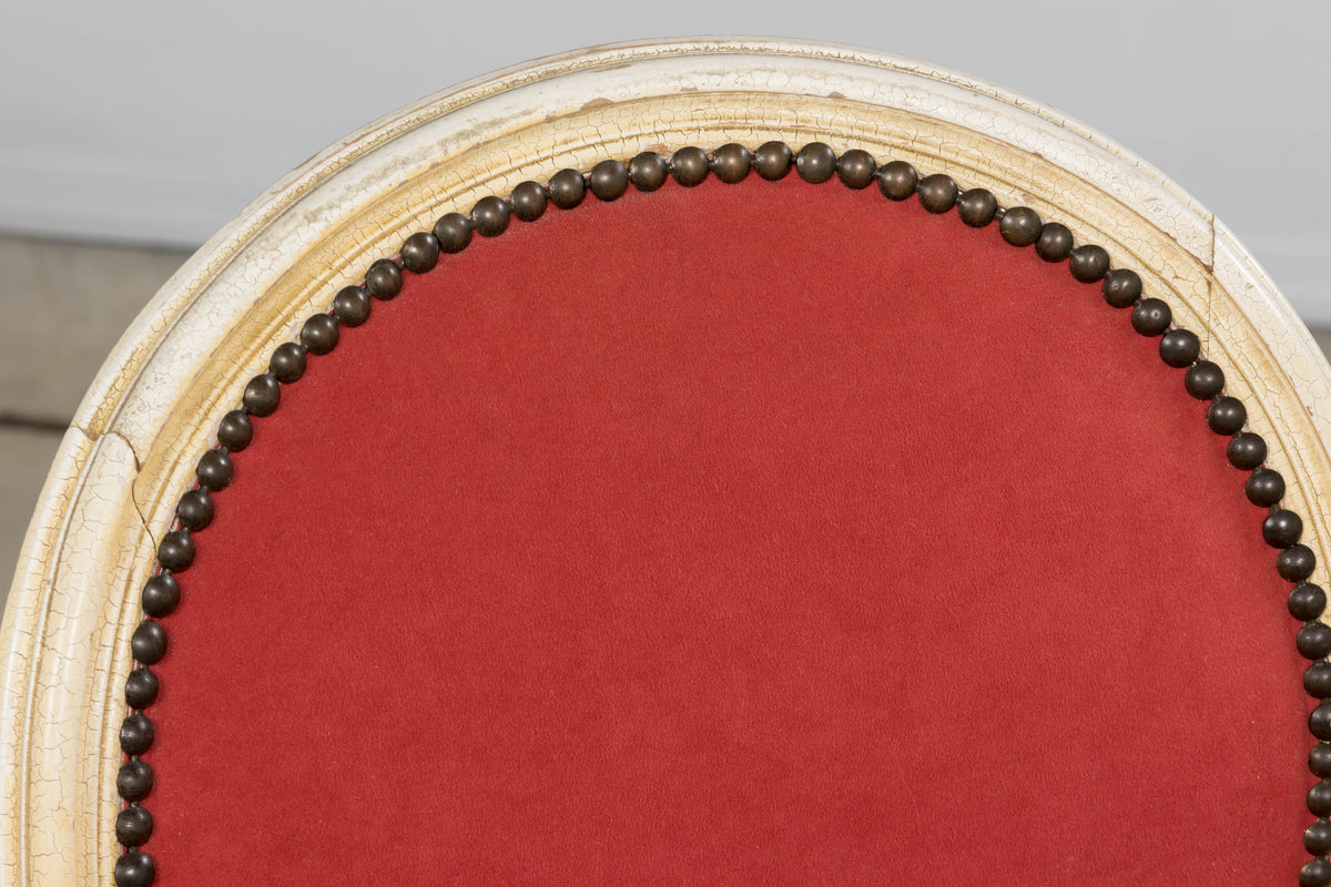 Antique French Louis XVI Style Painted Dining Chairs in Raspberry Velvet - Set of 8