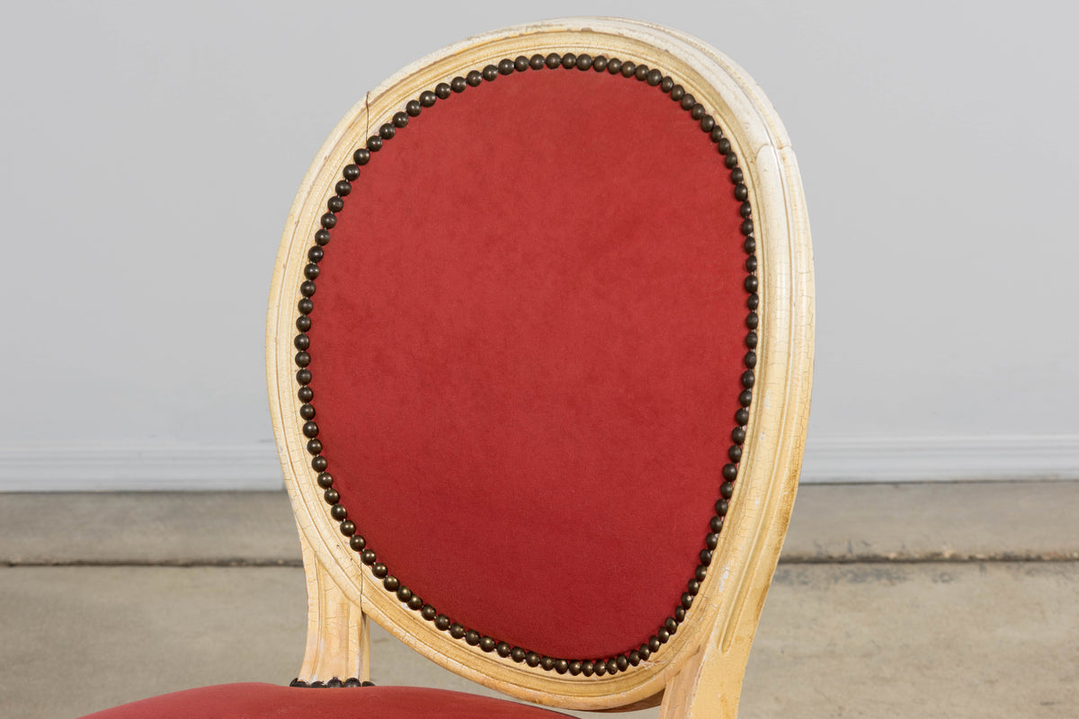 Antique French Louis XVI Style Painted Dining Chairs in Raspberry Velvet - Set of 8