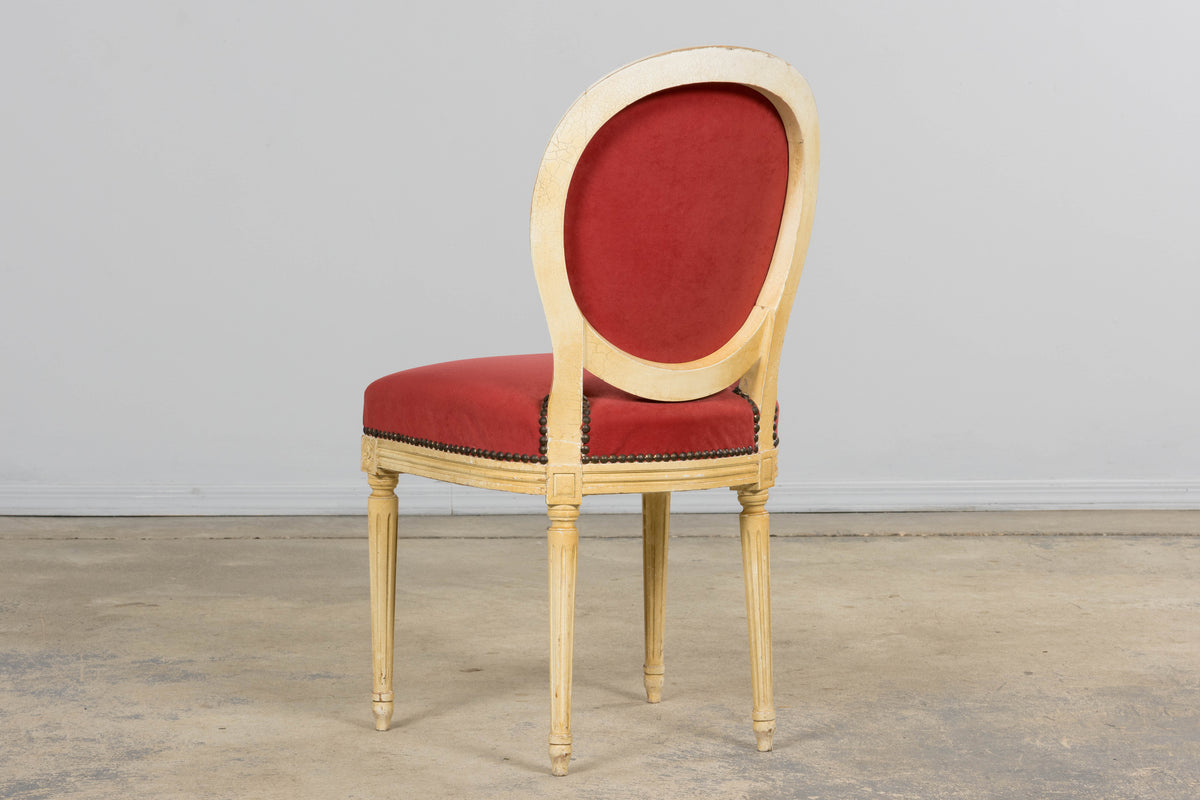 Antique French Louis XVI Style Painted Dining Chairs in Raspberry Velvet - Set of 8