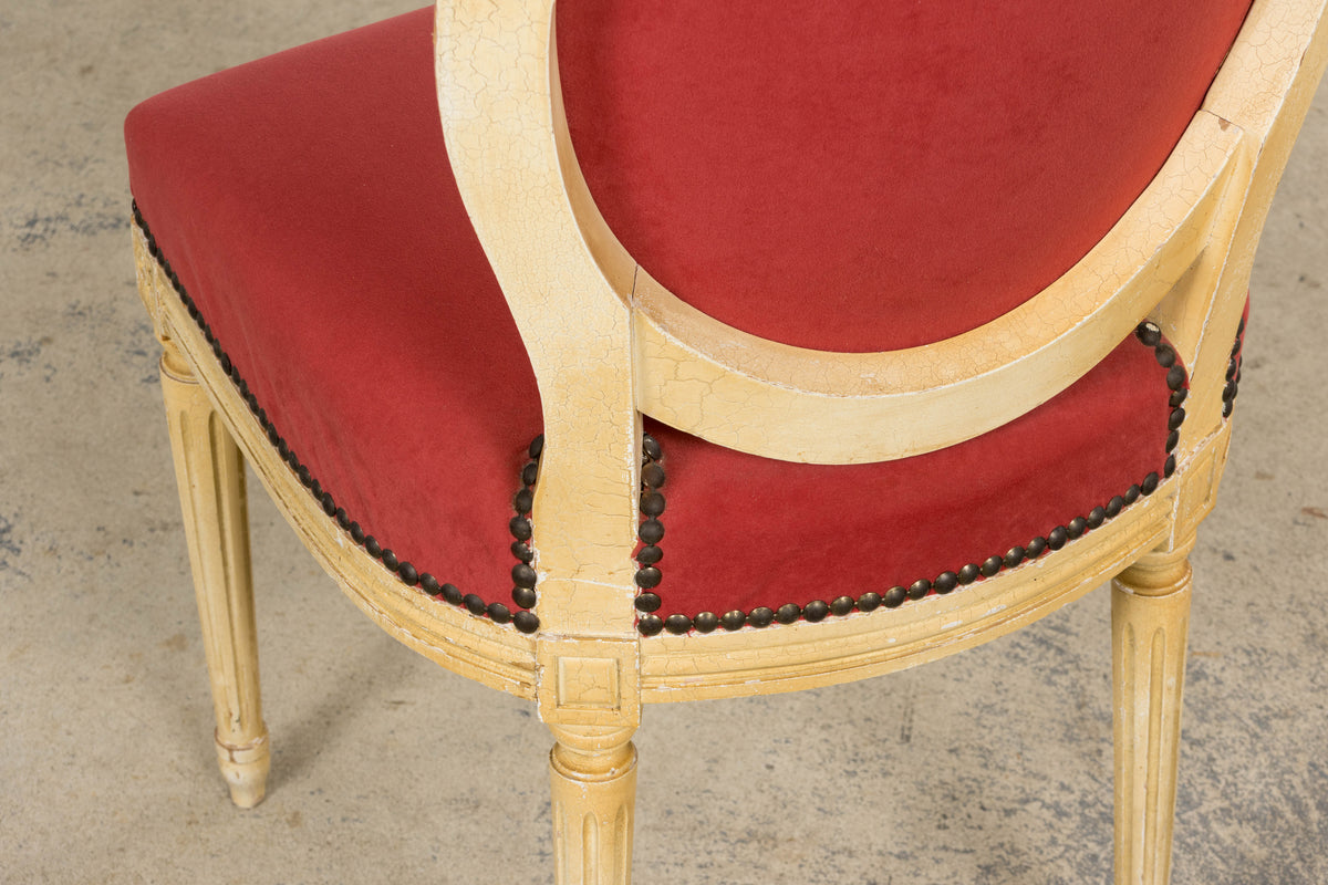 Antique French Louis XVI Style Painted Dining Chairs in Raspberry Velvet - Set of 8