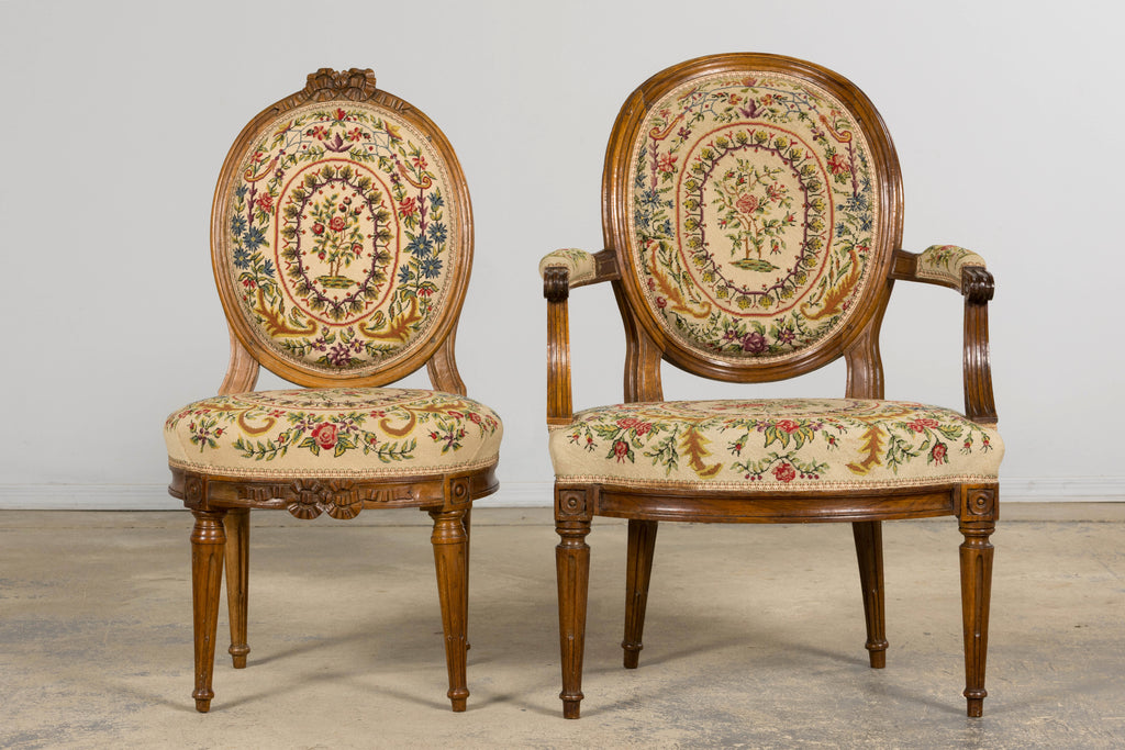 Set of Six Late 19th Century French Louis XVI Style Walnut Chairs with Pair of Fauteuils