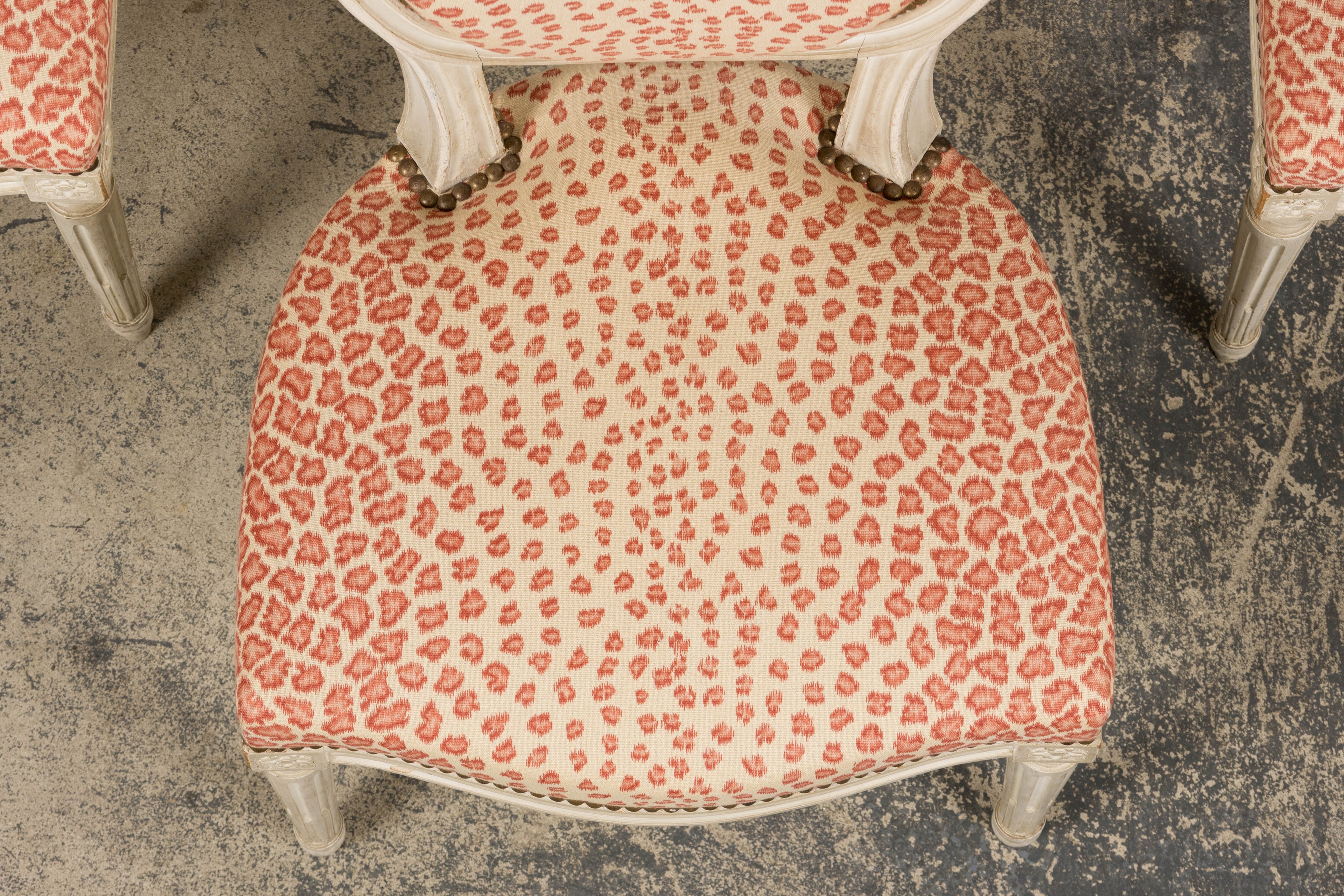 Antique French Louis XVI Style Painted Dining Chairs W/ Leopard Jacquard - Set of 6