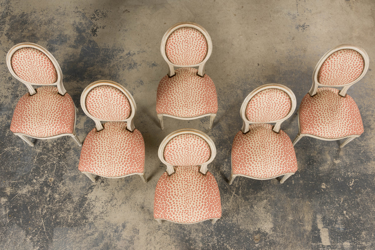 Antique French Louis XVI Style Painted Dining Chairs W/ Leopard Jacquard - Set of 6