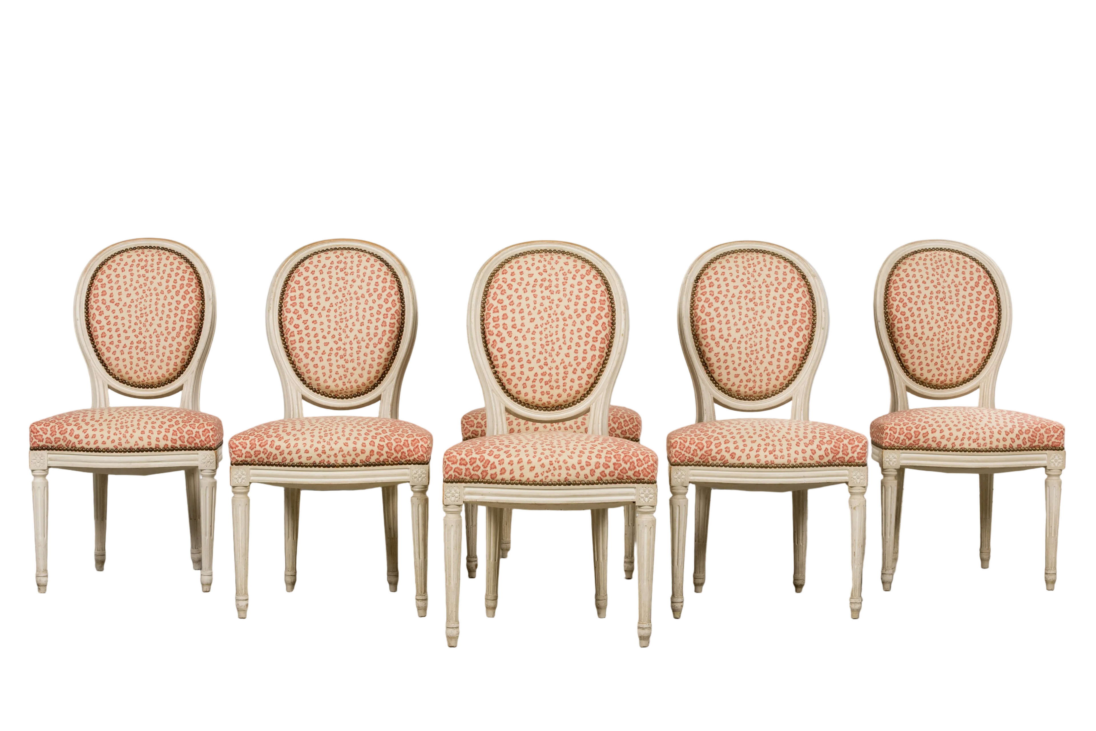 Antique French Louis XVI Style Painted Dining Chairs W/ Leopard Jacquard - Set of 6