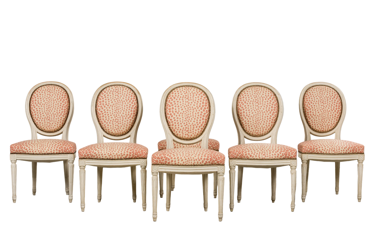 Antique French Louis XVI Style Painted Dining Chairs W/ Leopard Jacquard - Set of 6