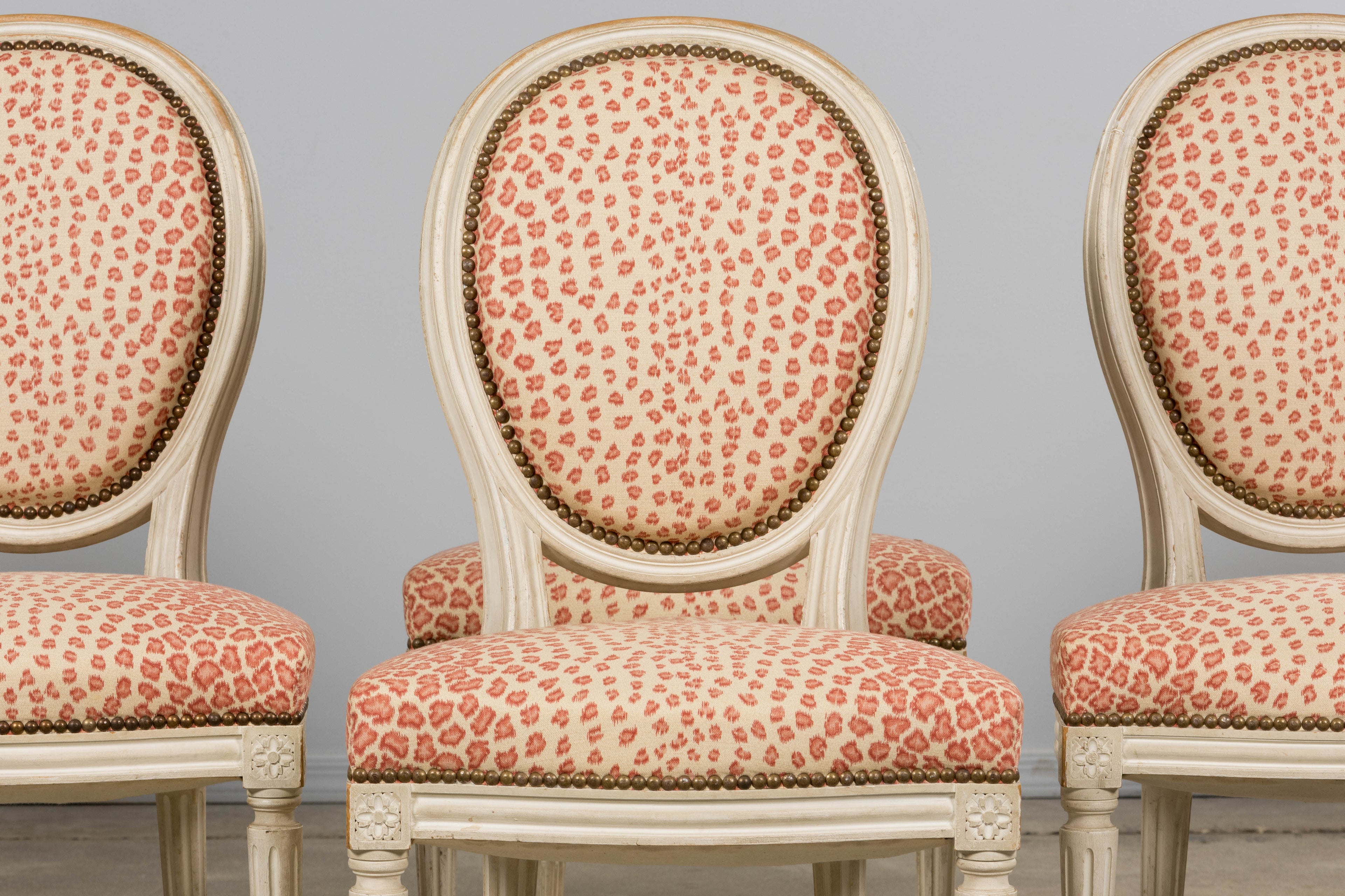 Antique French Louis XVI Style Painted Dining Chairs W/ Leopard Jacquard - Set of 6