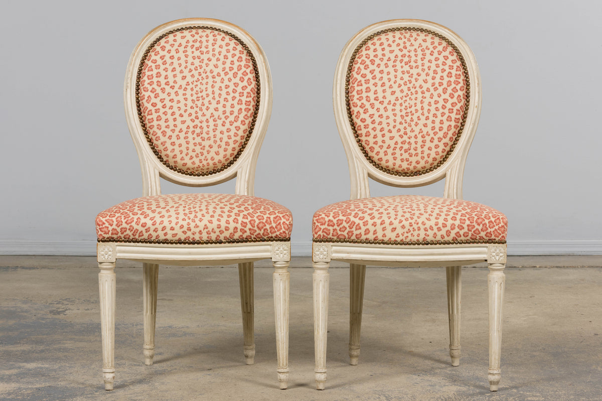 Antique French Louis XVI Style Painted Dining Chairs W/ Leopard Jacquard - Set of 6