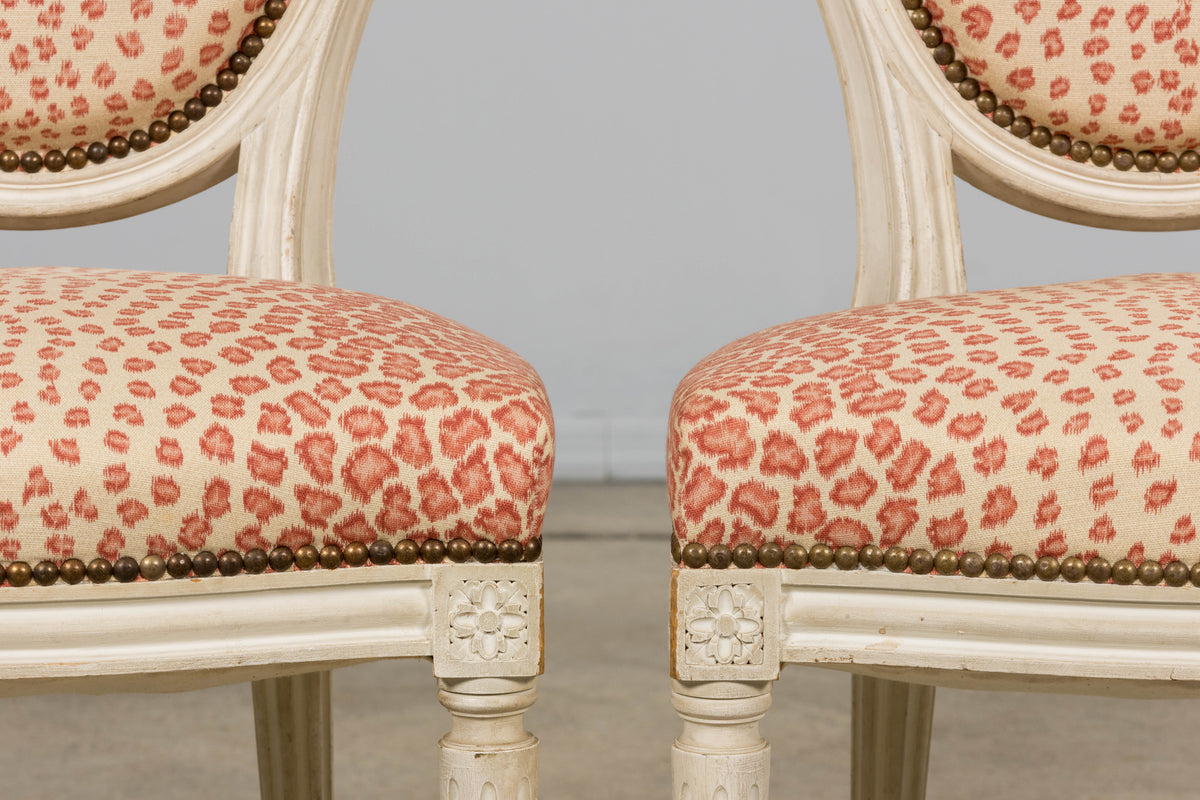 Antique French Louis XVI Style Painted Dining Chairs W/ Leopard Jacquard - Set of 6