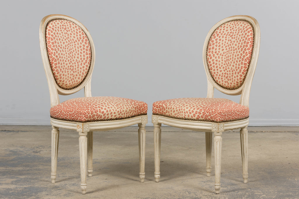 Antique French Louis XVI Style Painted Dining Chairs W/ Leopard Jacquard - Set of 6
