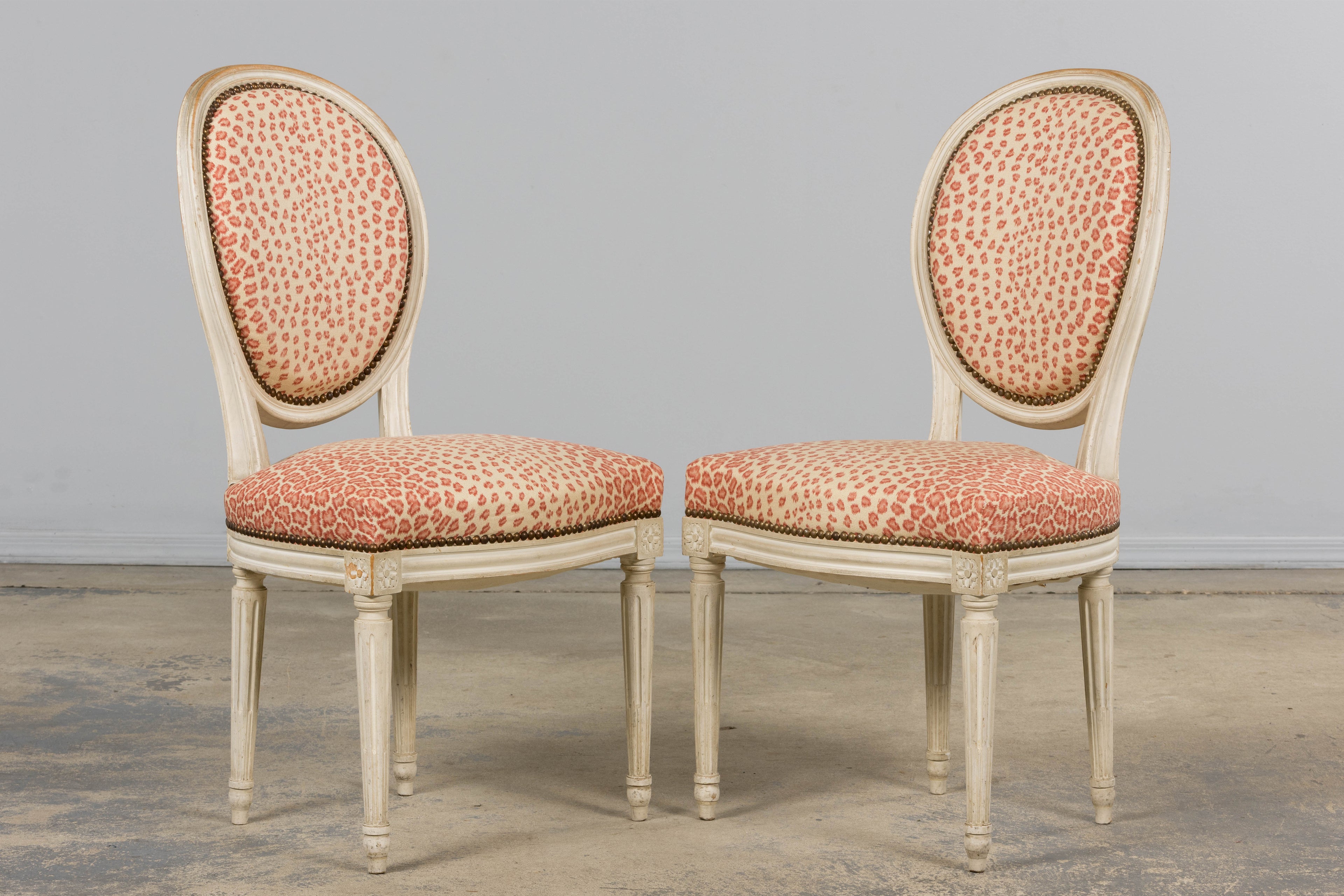 Antique French Louis XVI Style Painted Dining Chairs W/ Leopard Jacquard - Set of 6