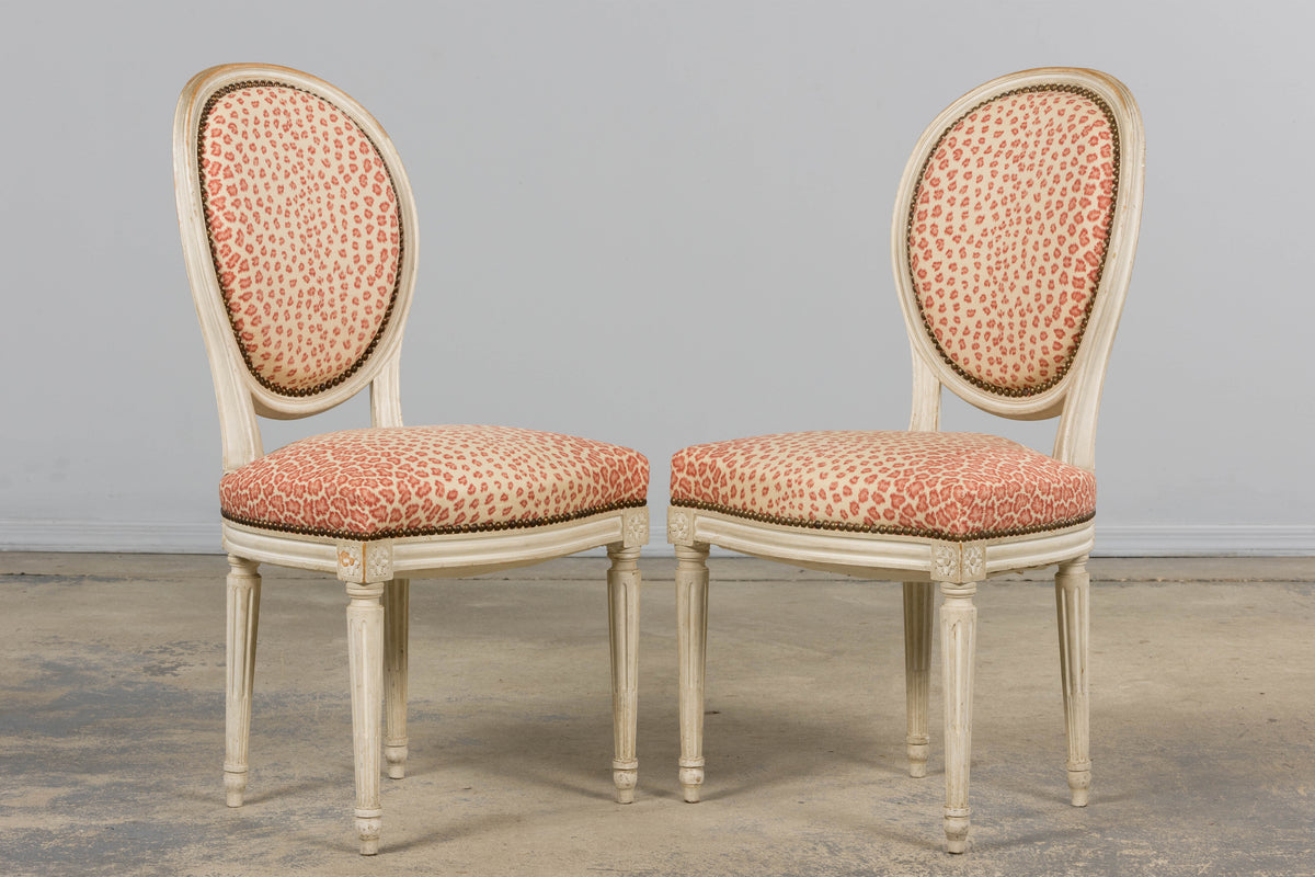 Antique French Louis XVI Style Painted Dining Chairs W/ Leopard Jacquard - Set of 6