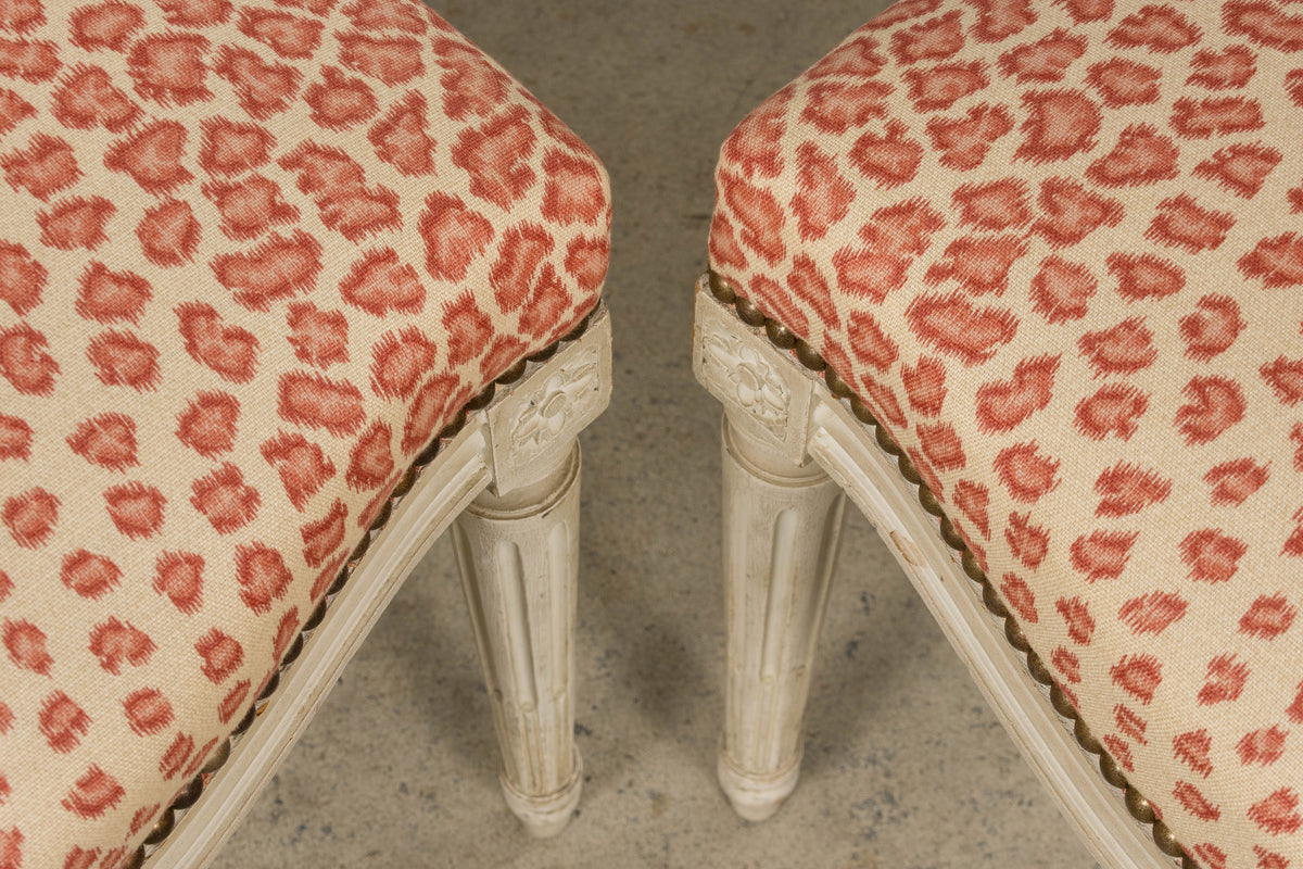 Antique French Louis XVI Style Painted Dining Chairs W/ Leopard Jacquard - Set of 6