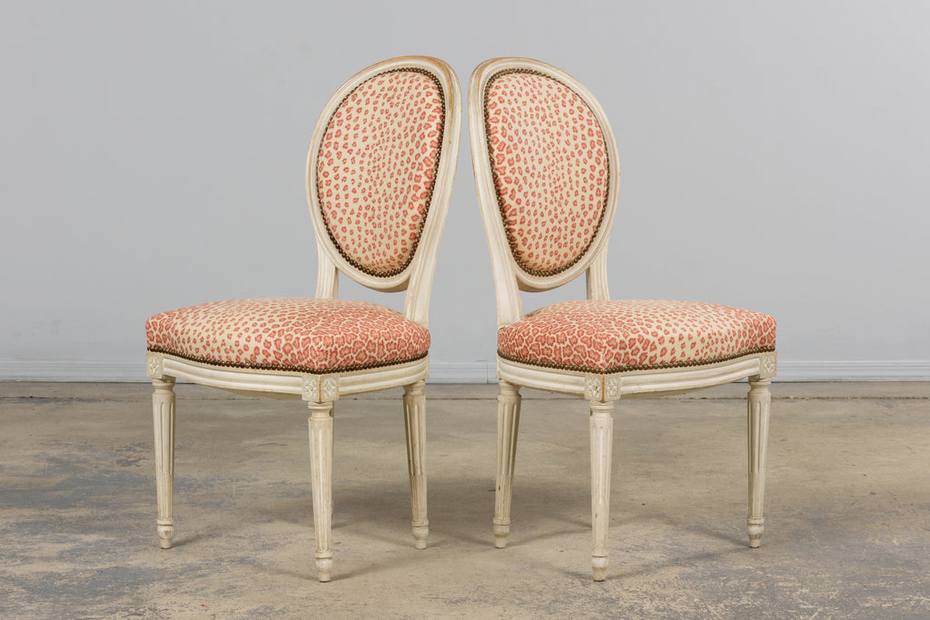 Antique French Louis XVI Style Painted Dining Chairs W/ Leopard Jacquard - Set of 6