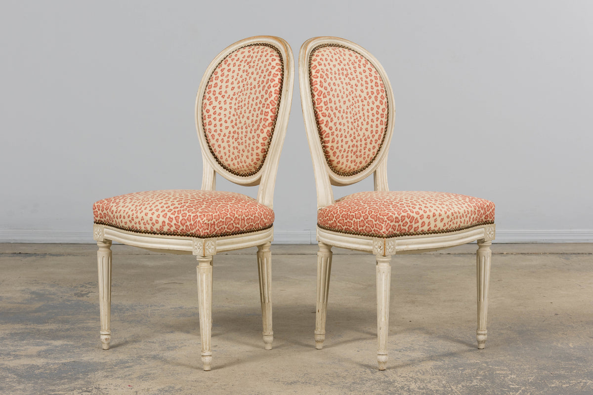 Antique French Louis XVI Style Painted Dining Chairs W/ Leopard Jacquard - Set of 6