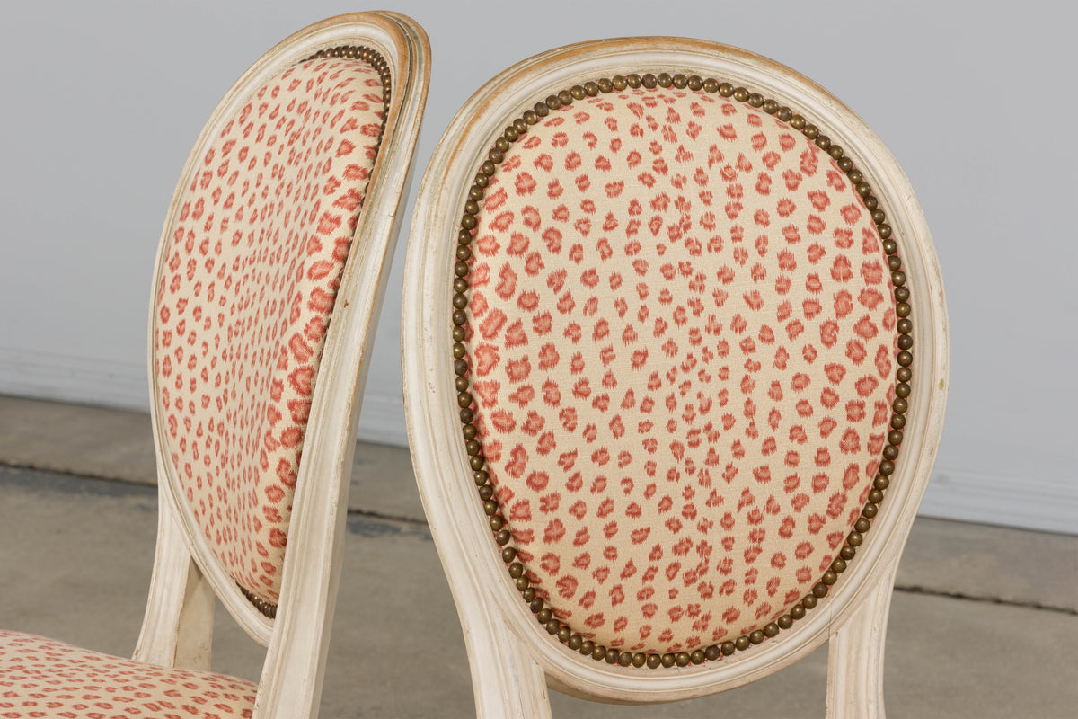 Antique French Louis XVI Style Painted Dining Chairs W/ Leopard Jacquard - Set of 6