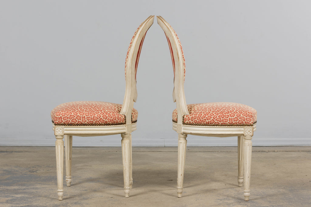 Antique French Louis XVI Style Painted Dining Chairs W/ Leopard Jacquard - Set of 6