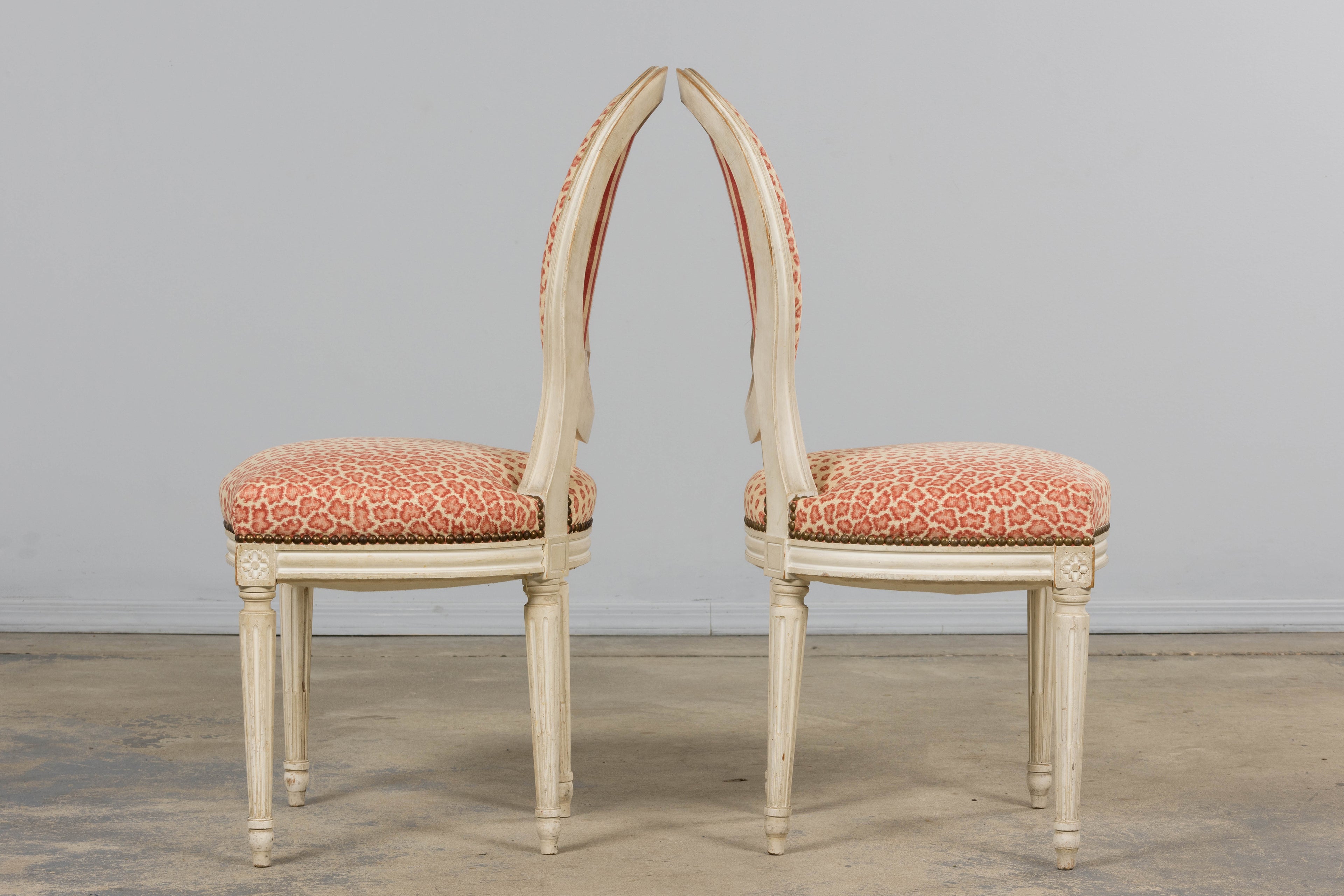 Antique French Louis XVI Style Painted Dining Chairs W/ Leopard Jacquard - Set of 6