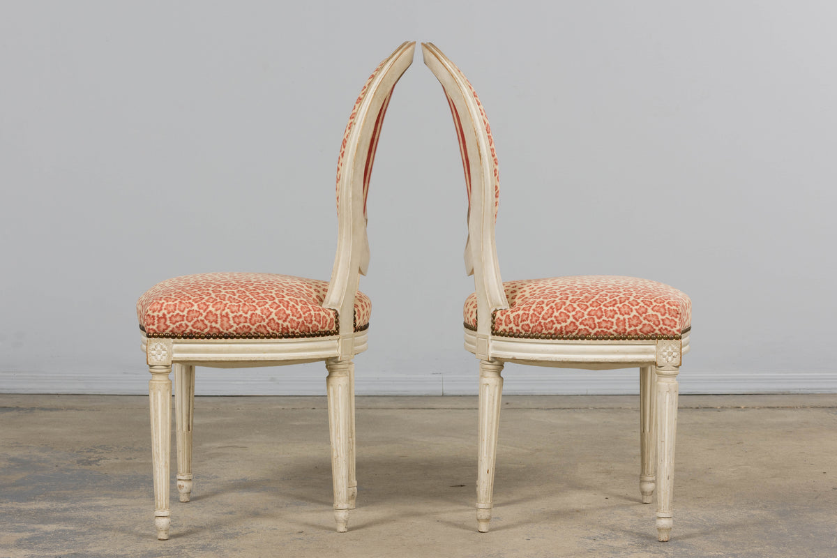 Antique French Louis XVI Style Painted Dining Chairs W/ Leopard Jacquard - Set of 6